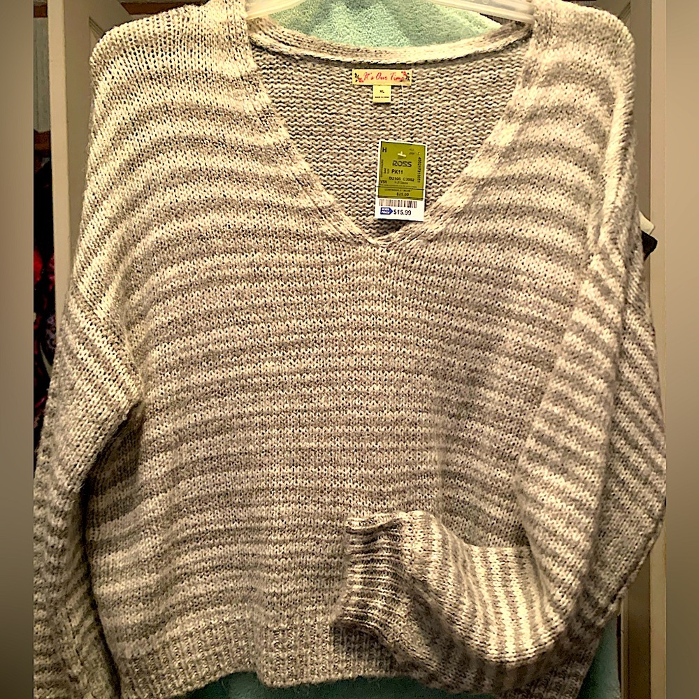 It's Our Time Gray V-Neck Sweater with Relaxed Fit